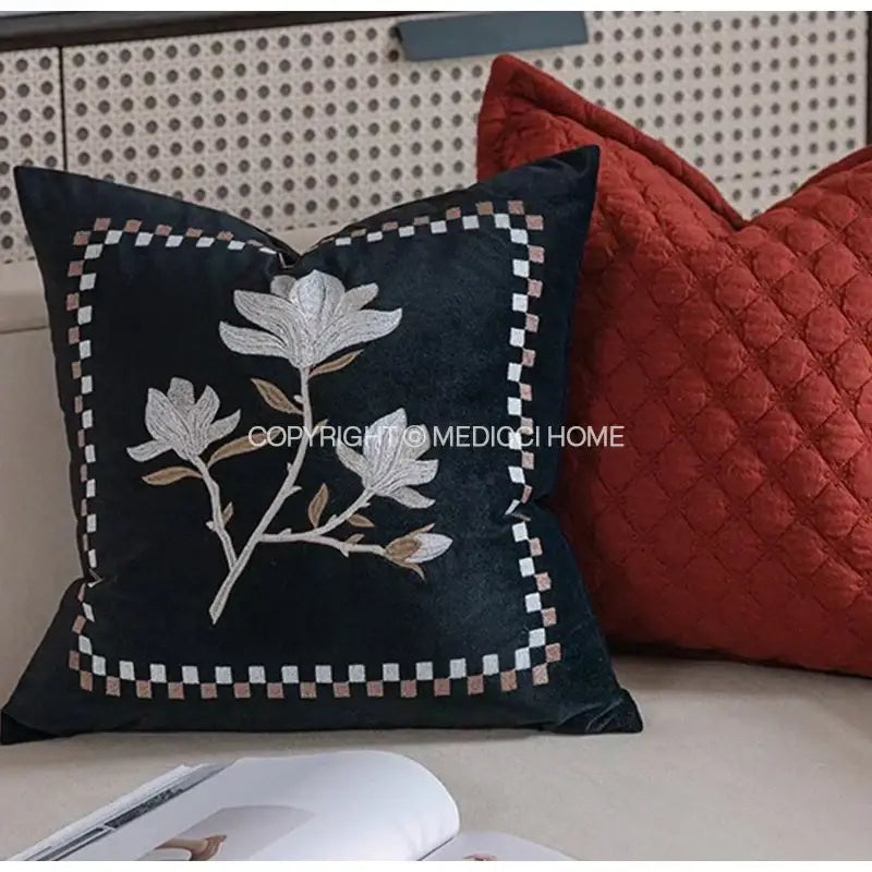 French vintage magnolia embroidered olive green velvet pillow bedroom