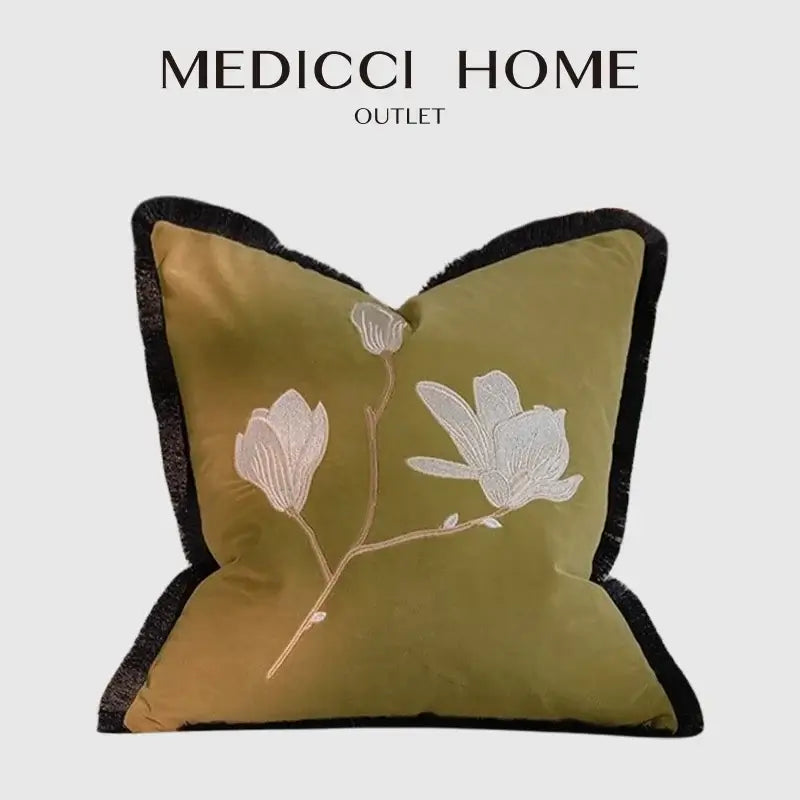 French vintage magnolia embroidered olive green velvet pillow bedroom