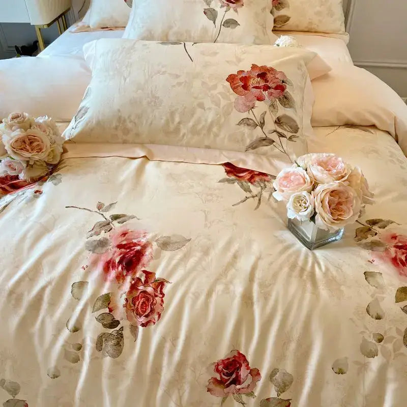 French vintage rose cream egyptian cotton bedding set bedroom
