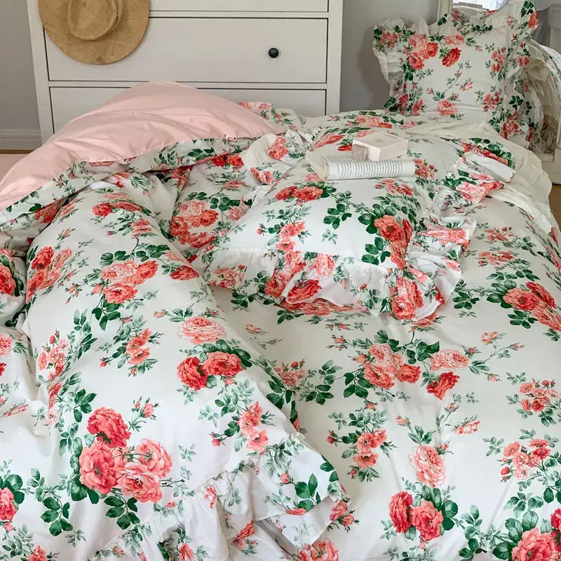 French vintage rose print bedding set with lace ruffles bedroom
