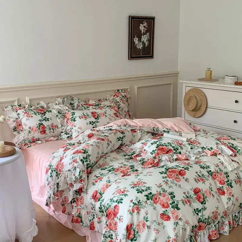 French vintage rose print bedding set with lace ruffles bedroom