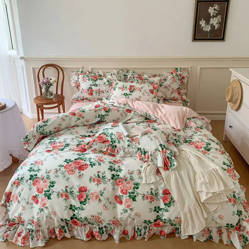 French vintage rose print bedding set with lace ruffles bedroom