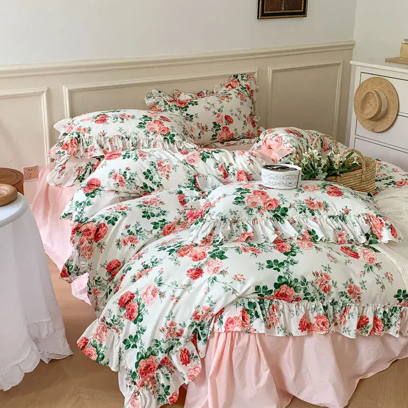 French vintage rose print bedding set with lace ruffles bedroom