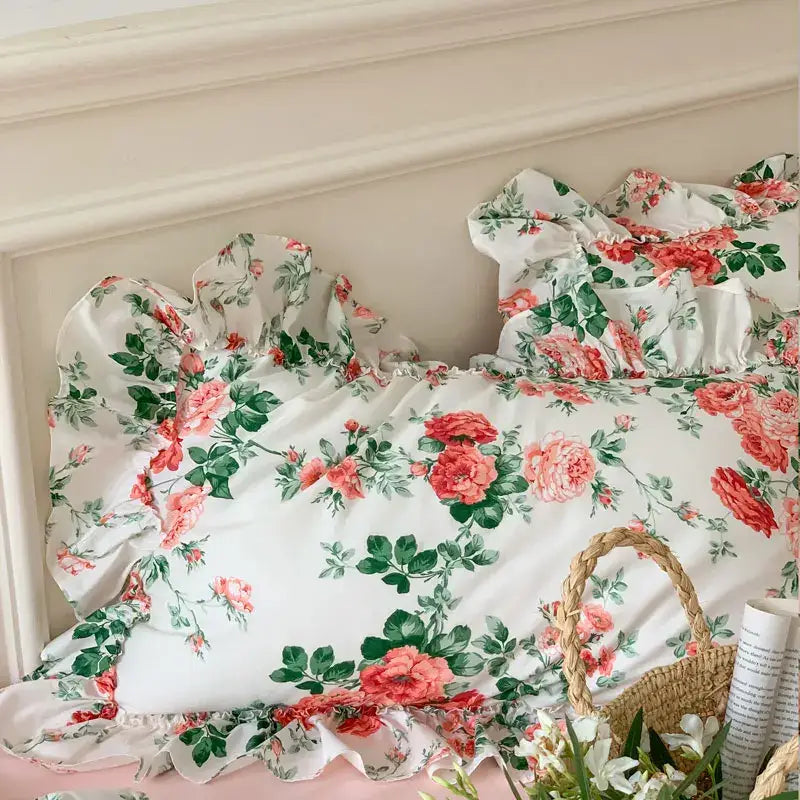 French vintage rose print bedding set with lace ruffles bedroom
