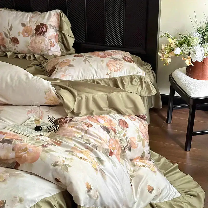 French vintage ruffles beige & olive green bedding set bedroom