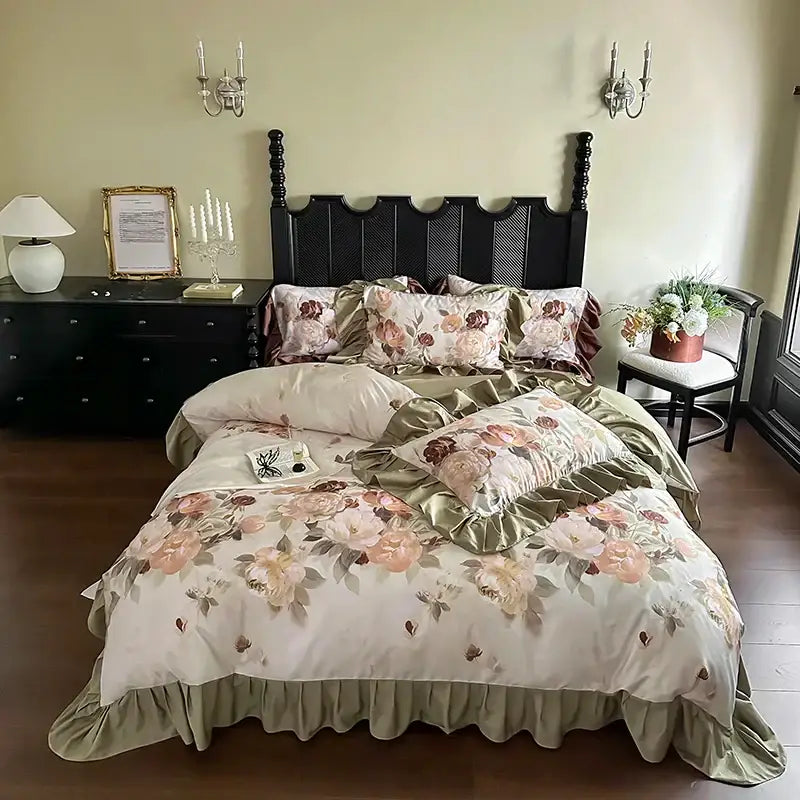 French vintage ruffles beige & olive green bedding set bedroom