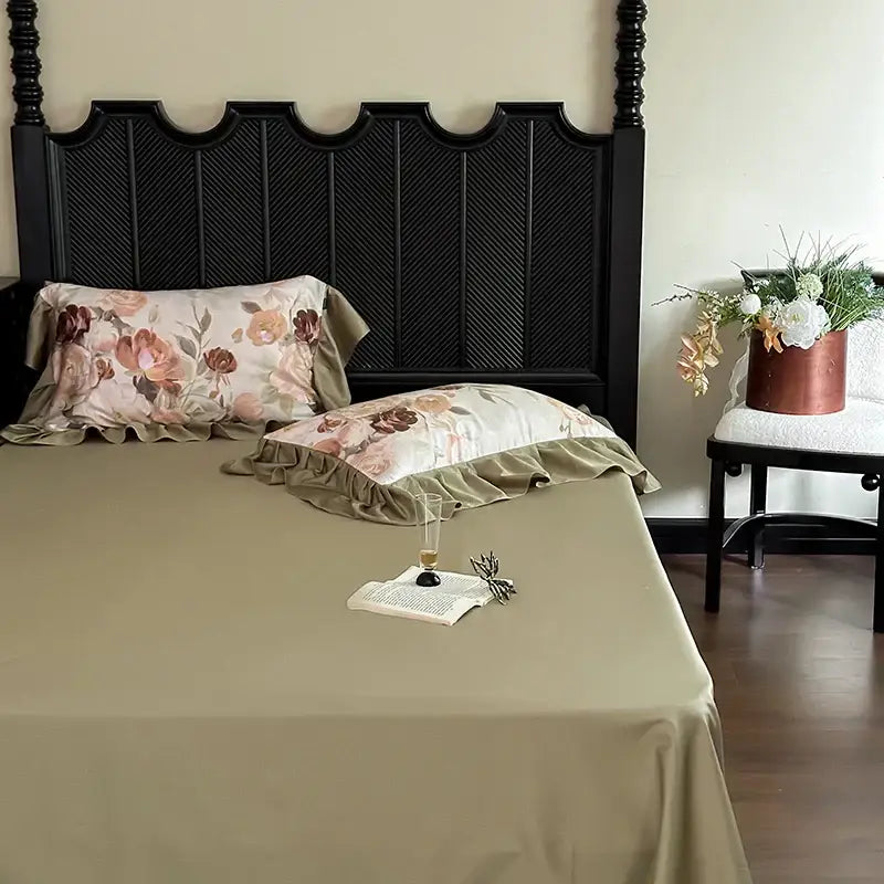 French vintage ruffles beige & olive green bedding set bedroom
