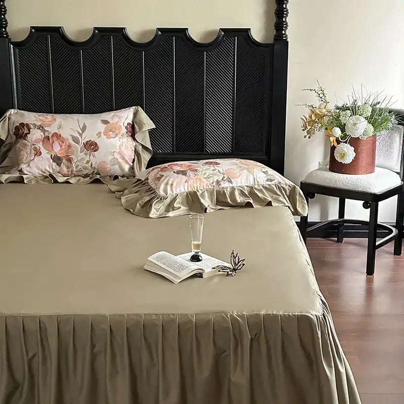 French vintage ruffles beige & olive green bedding set bedroom