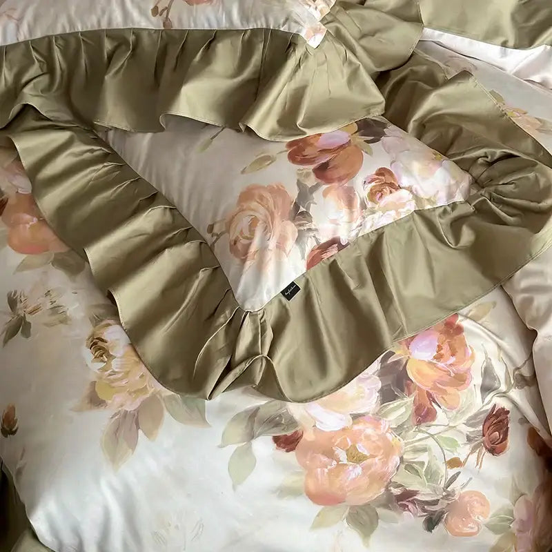 French vintage ruffles beige & olive green bedding set bedroom