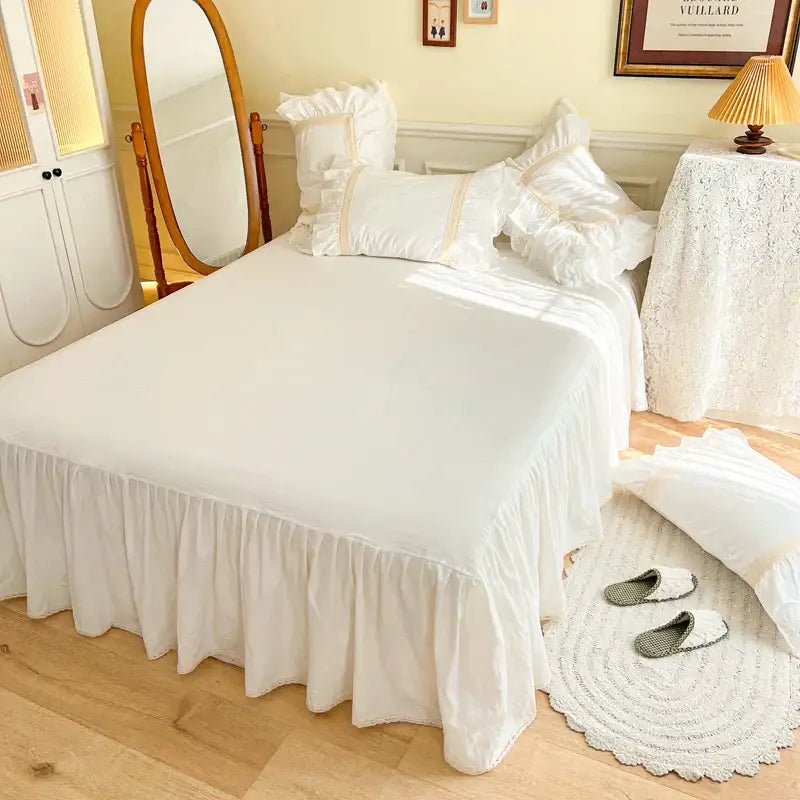 French vintage ruffles cream white cotton bedding set bedroom lace