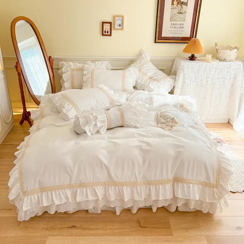 French vintage ruffles cream white cotton bedding set bedroom lace