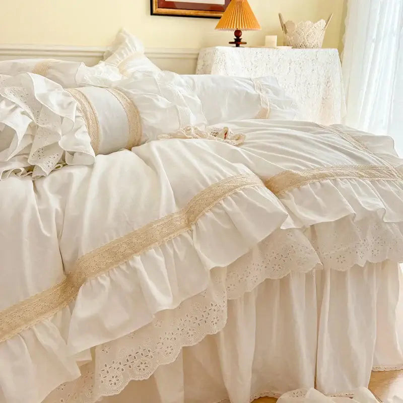 French vintage ruffles cream white cotton bedding set bedroom lace