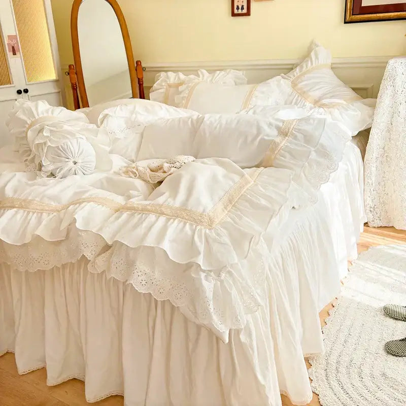 French vintage ruffles cream white cotton bedding set bedroom lace