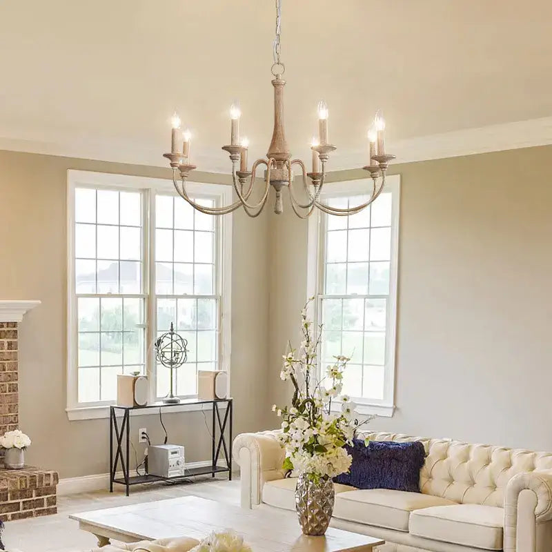 French vintage wooden chandelier off white 6 light dining room