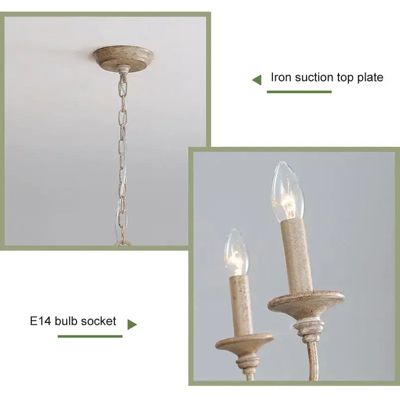 French vintage wooden chandelier off-white dining room pendant light