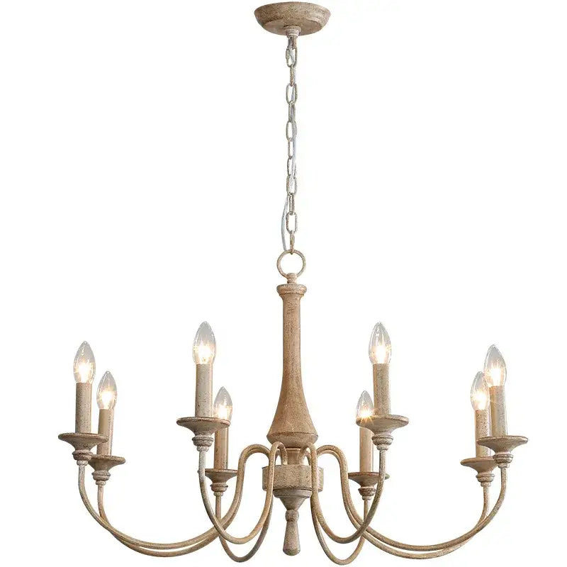 French vintage wooden chandelier off-white dining room pendant light