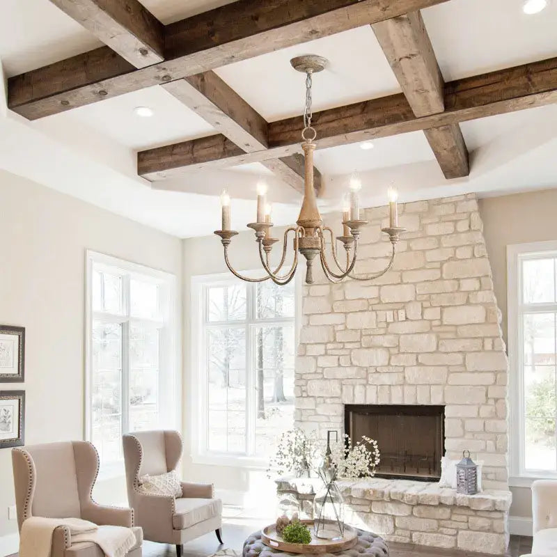 French vintage wooden chandelier off-white dining room pendant light