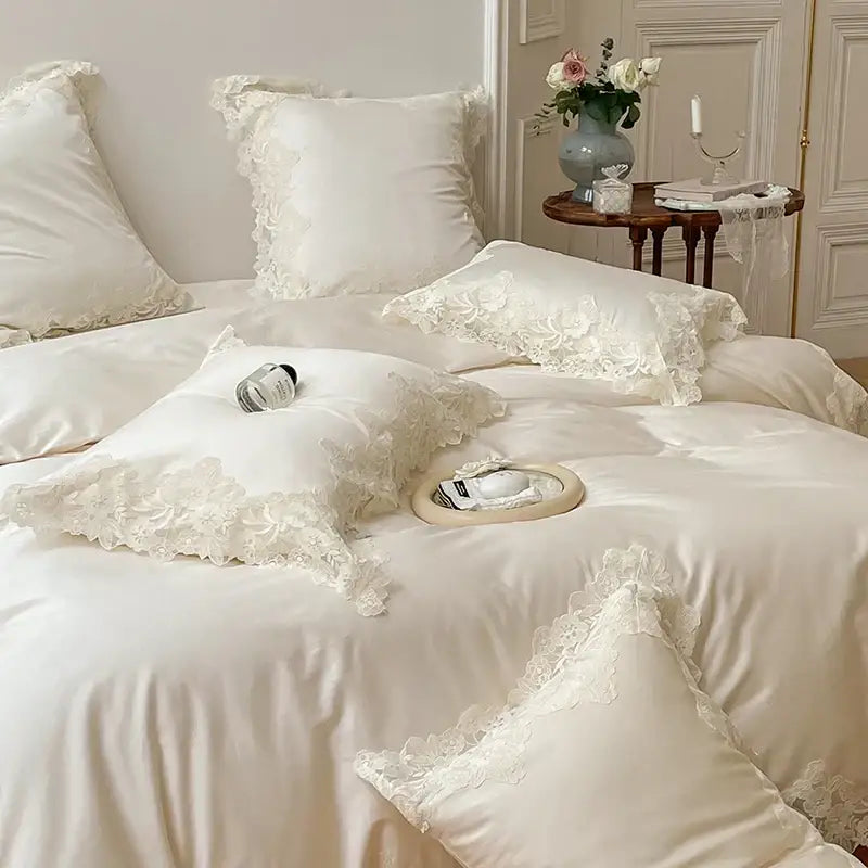 French wedding chic cream & white bedding set bedroom lace duvet cover
