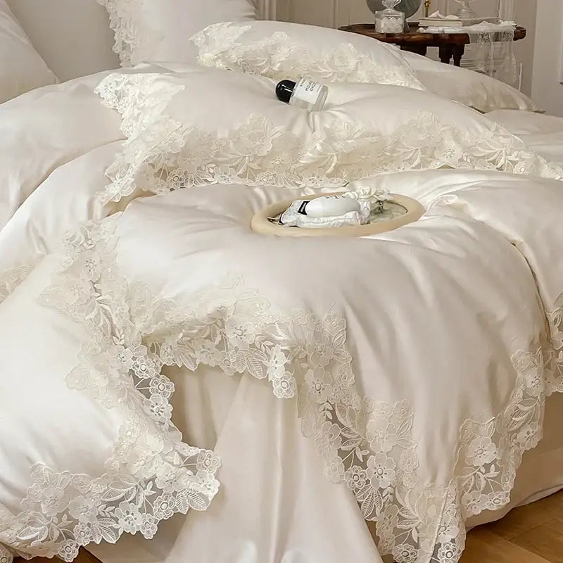 French wedding chic cream & white bedding set bedroom lace duvet cover