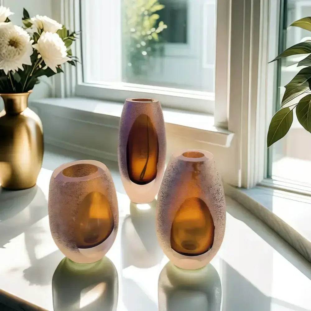 Frosted glass vase amber textured trio living room decor