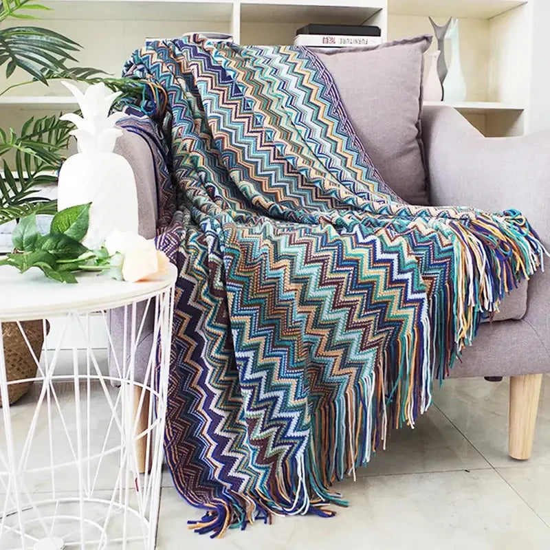 Geometric aztec baja blanket mustard & blue living room throw