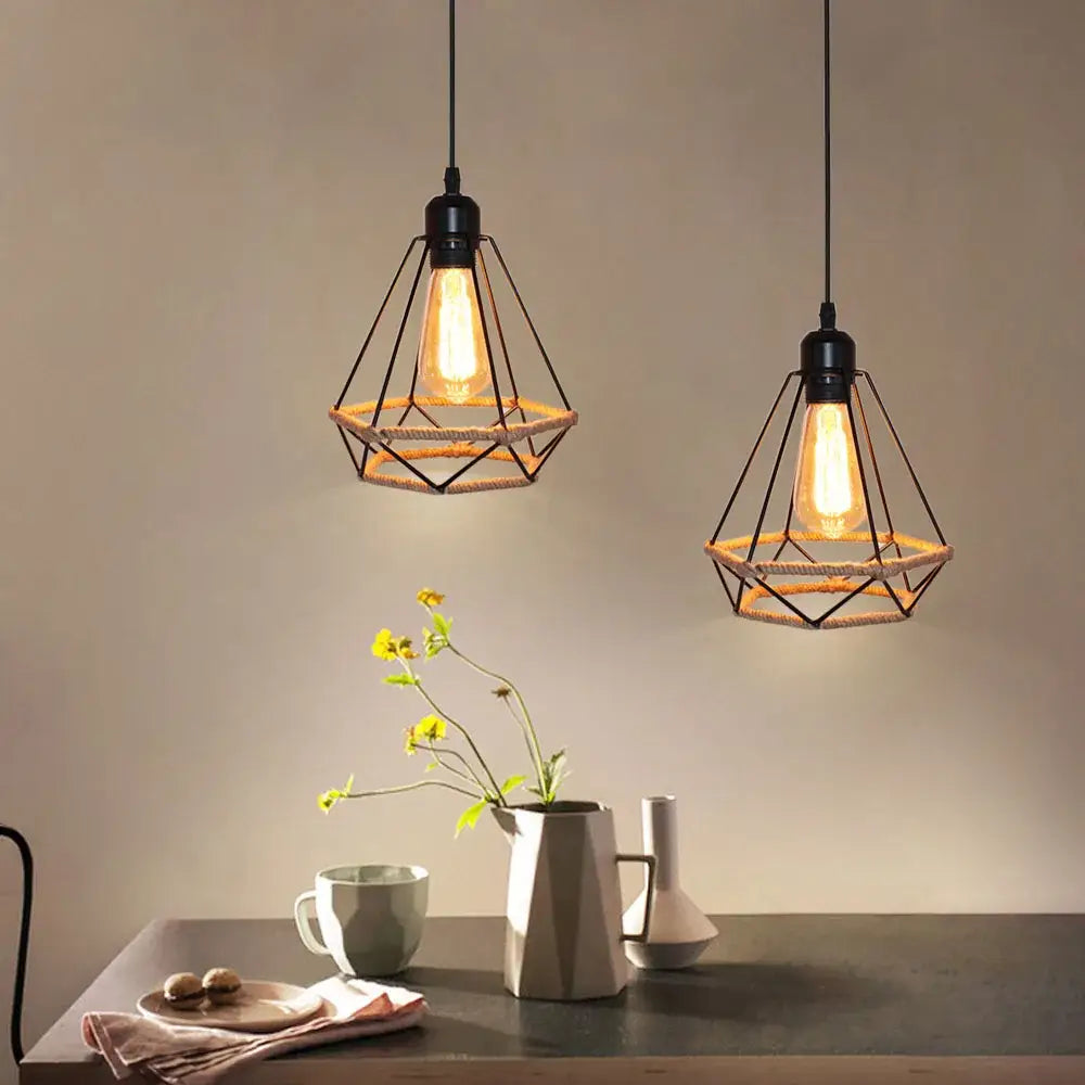 Geometric black diamond cage iron pendant light dining room rope detail