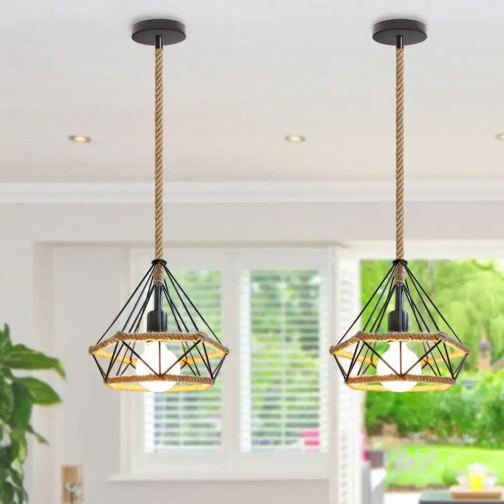Geometric black diamond cage iron pendant light dining room rope detail
