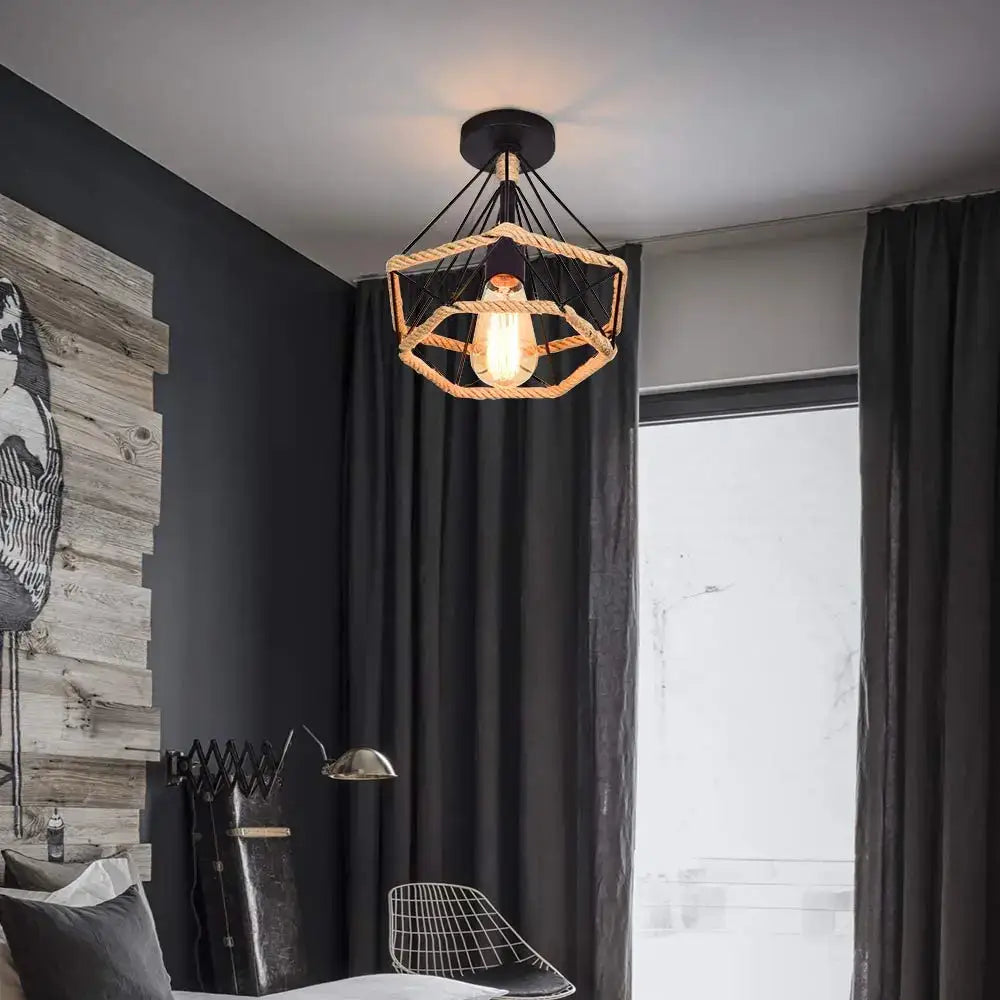 Geometric black diamond cage iron pendant light dining room rope detail