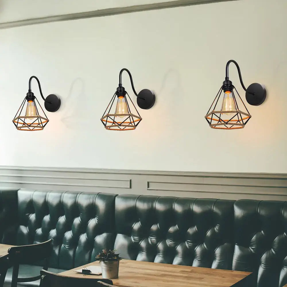 Geometric black diamond cage iron pendant light dining room rope detail