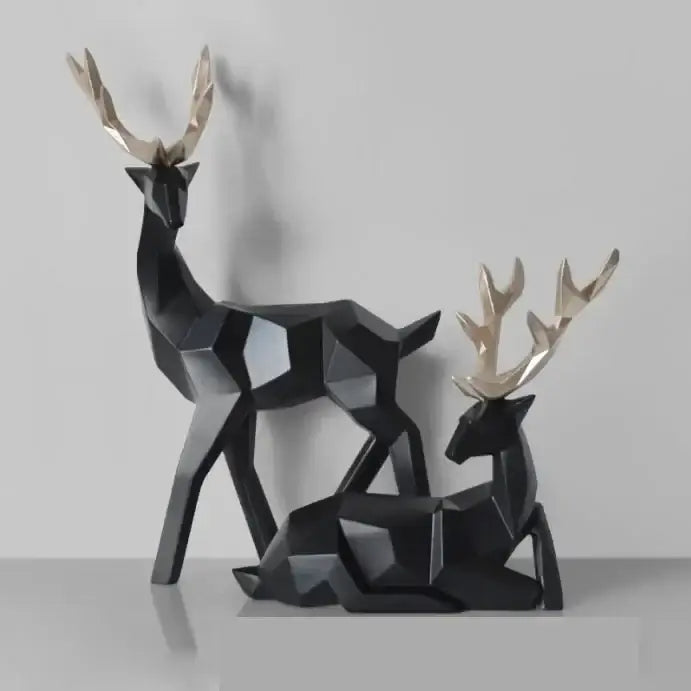 Geometric black & white deer sculpture living room decor with gold antlers