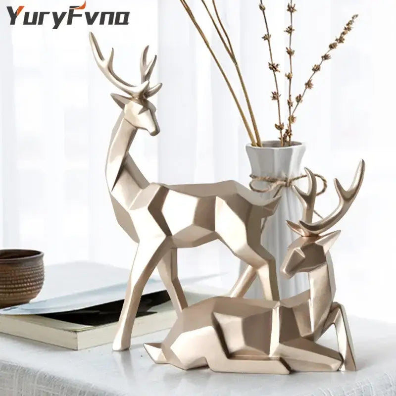 Geometric black & white deer sculpture living room decor with gold antlers