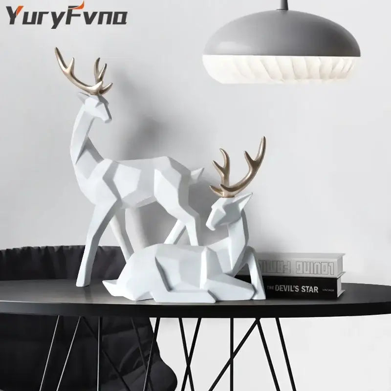 Geometric black & white deer sculpture living room decor with gold antlers