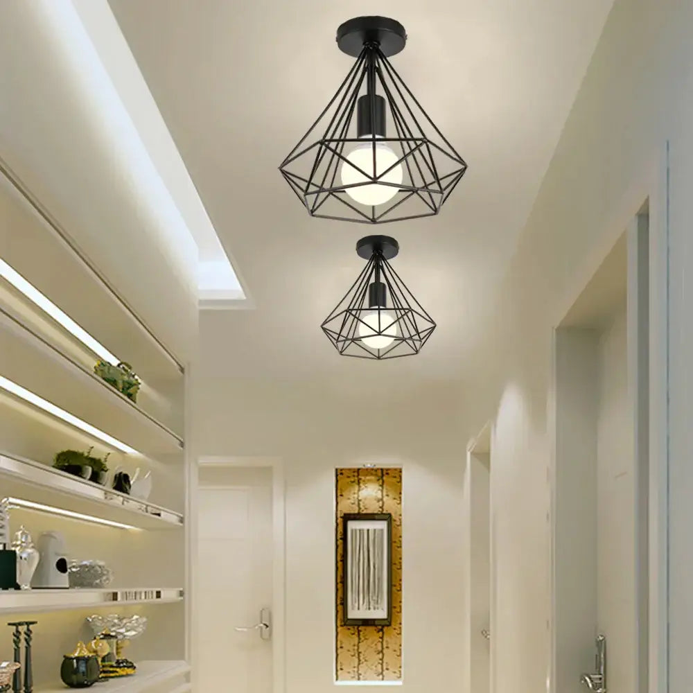 Geometric cage iron ceiling light fixture dining room exposed bulb