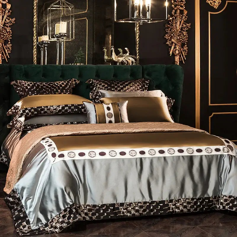 Geometric embroidered egyptian cotton bedding set gold & silver bedroom