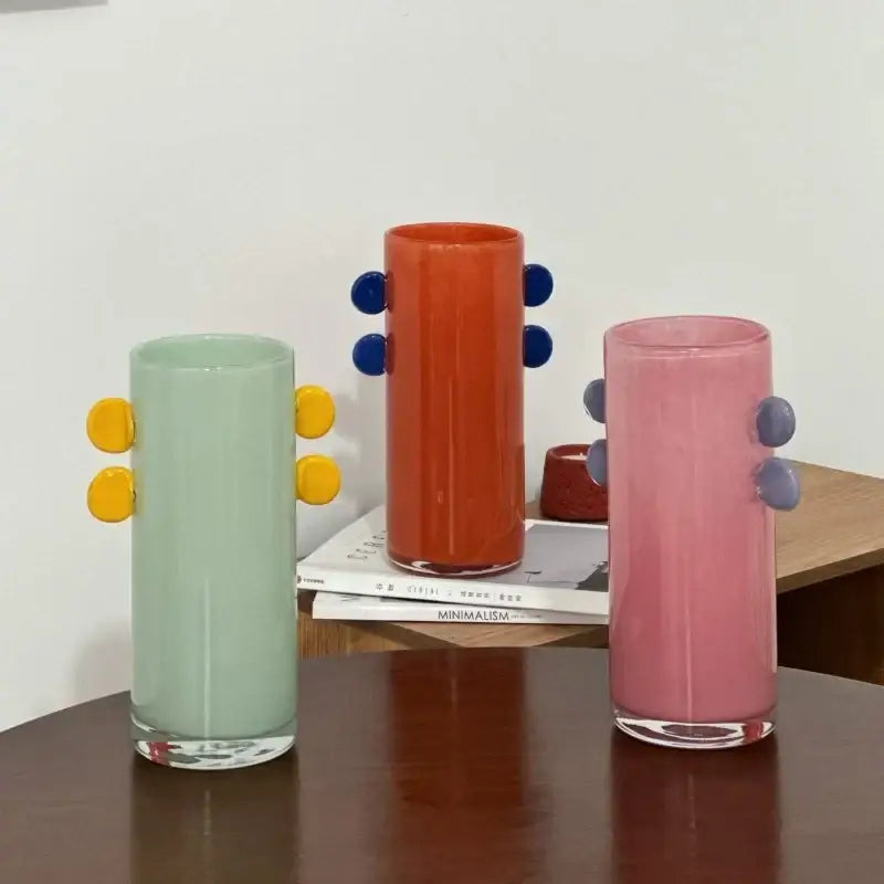 Geometric glass vase with color patches and handles living room decor