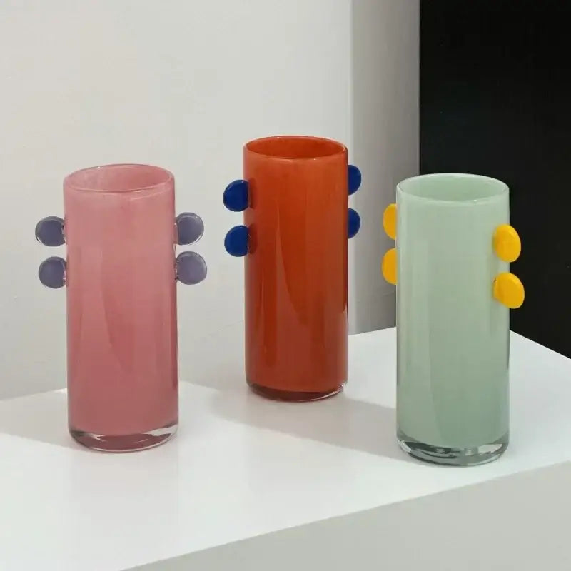 Geometric glass vase with color patches and handles living room decor