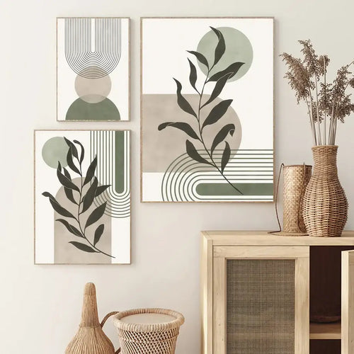 Abstract geometric leaves canvas wall art olive & pink living room