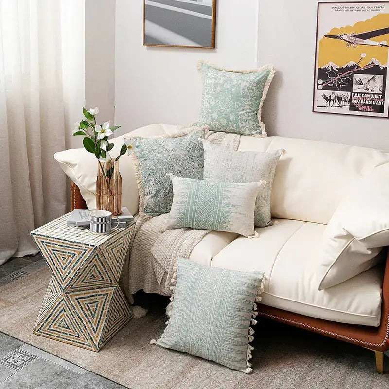 Geometric mosaic cotton crochet tassel cushion cover living room