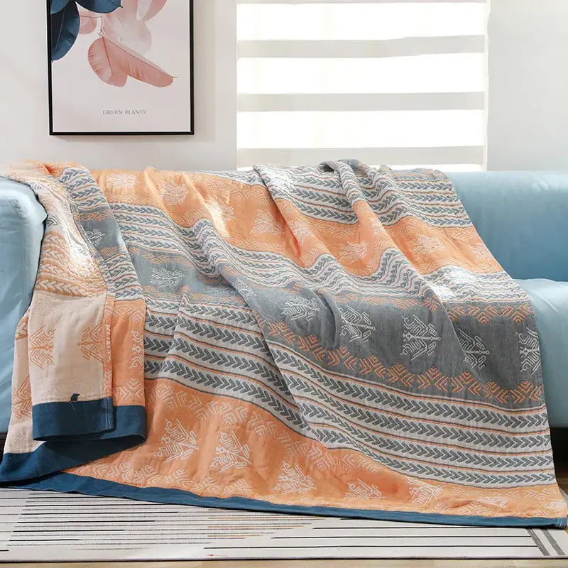 Geometric mustard and gray cotton gauze summer blanket bedroom quilt