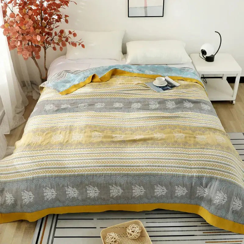 Geometric mustard and gray cotton gauze summer blanket bedroom quilt