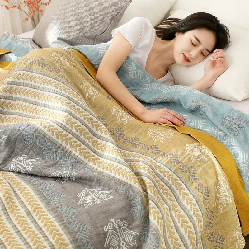 Geometric mustard and gray cotton gauze summer blanket bedroom quilt