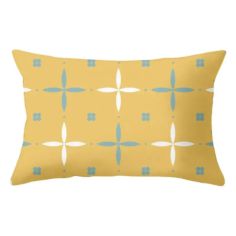 Geometric striped curved rectangle pillows yellow & teal living room