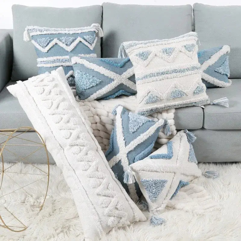 Geometric tassel tufted light blue & white star pillow covers living room