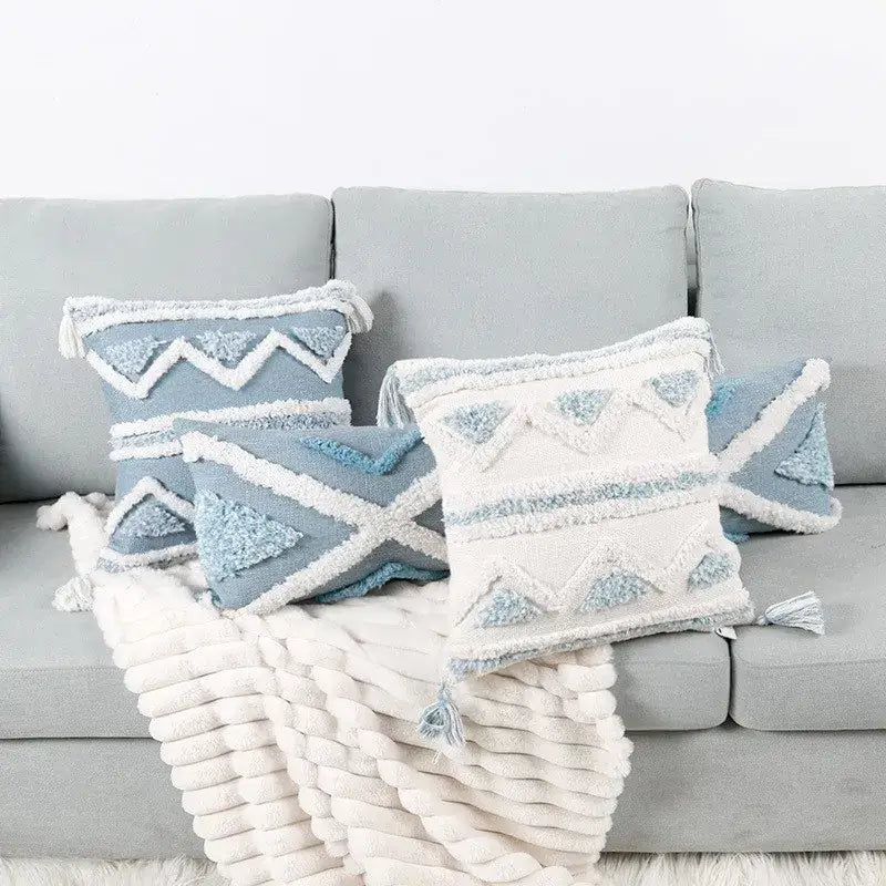 Geometric tassel tufted light blue & white star pillow covers living room