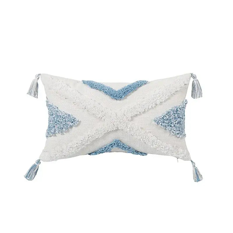 Geometric tassel tufted light blue & white star pillow covers living room