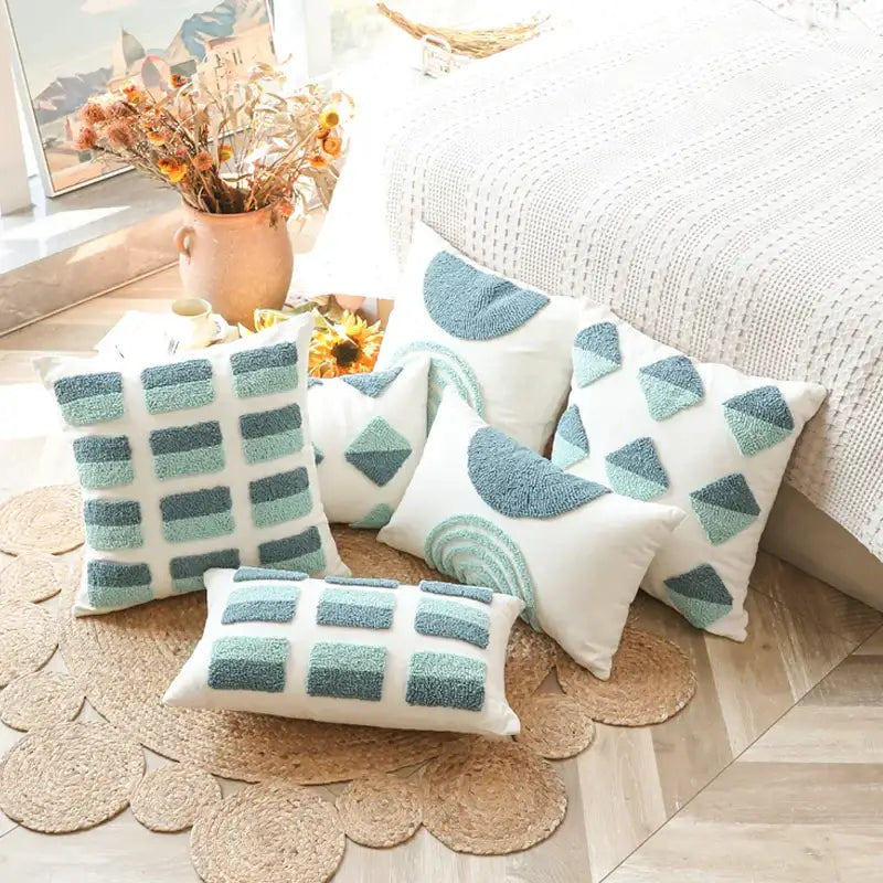 Geometric tufted diamond teal & white pillow cover living room decor