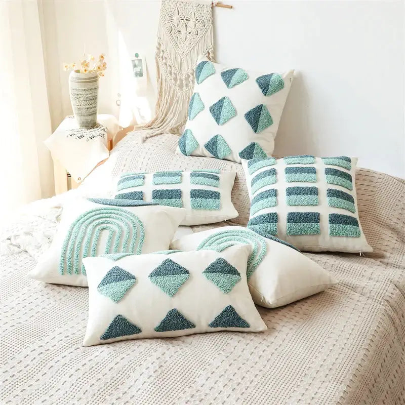 Geometric tufted diamond teal & white pillow cover living room decor