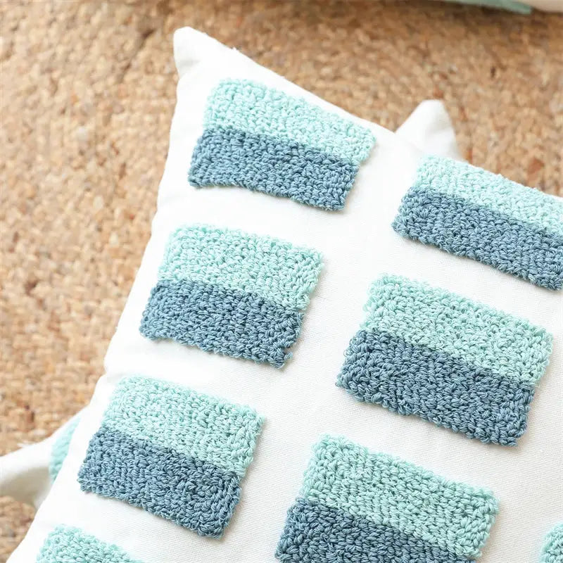 Geometric tufted diamond teal & white pillow cover living room decor