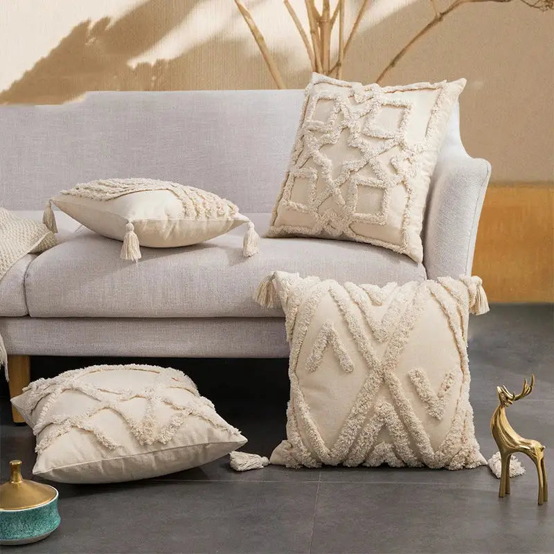 Geometric tufted fringed cushion cover cream living room pillow