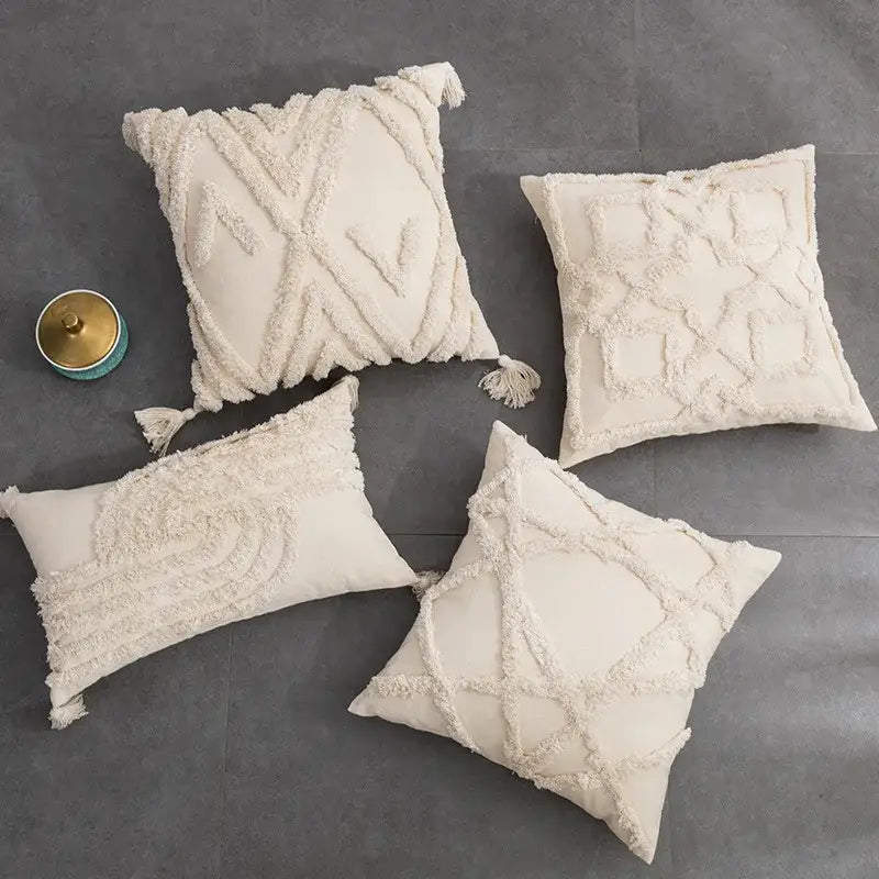 Geometric tufted fringed cushion cover cream living room pillow